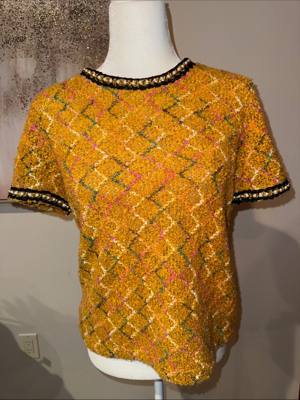 Zara Mustard Bouclé Short Sleeve Sweater with Trim